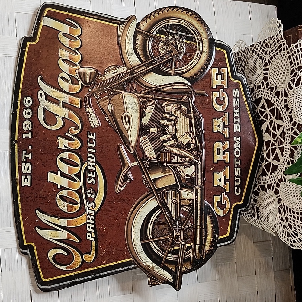 👉*MOTOR HEAD GARAGE* EMBOSSED METAL WALL SIGN 12"x10" ~VINTAGE-STYLE ~HARLEY - Picture 3 of 3